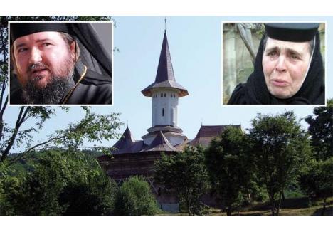 HOŢII ŞI VARDIŞTII. Acuzată la rându-i că îşi bătea călugăriţele până şi-au luat lumea în cap, maica Teodora (foto stânga) de la mănăstirea Voivozi (fundal) spune că a fost înjurată şi mazilită de PS Sofronie Drincec (foto dreapta), iar apoi agresată de oamenii episcopului. Iar circul nu s-a oprit aici: urmează judecata în Tribunalul bisericesc, convocat de Preasfinţitul pentru prima oară după înscăunarea sa în jilţul episcopal